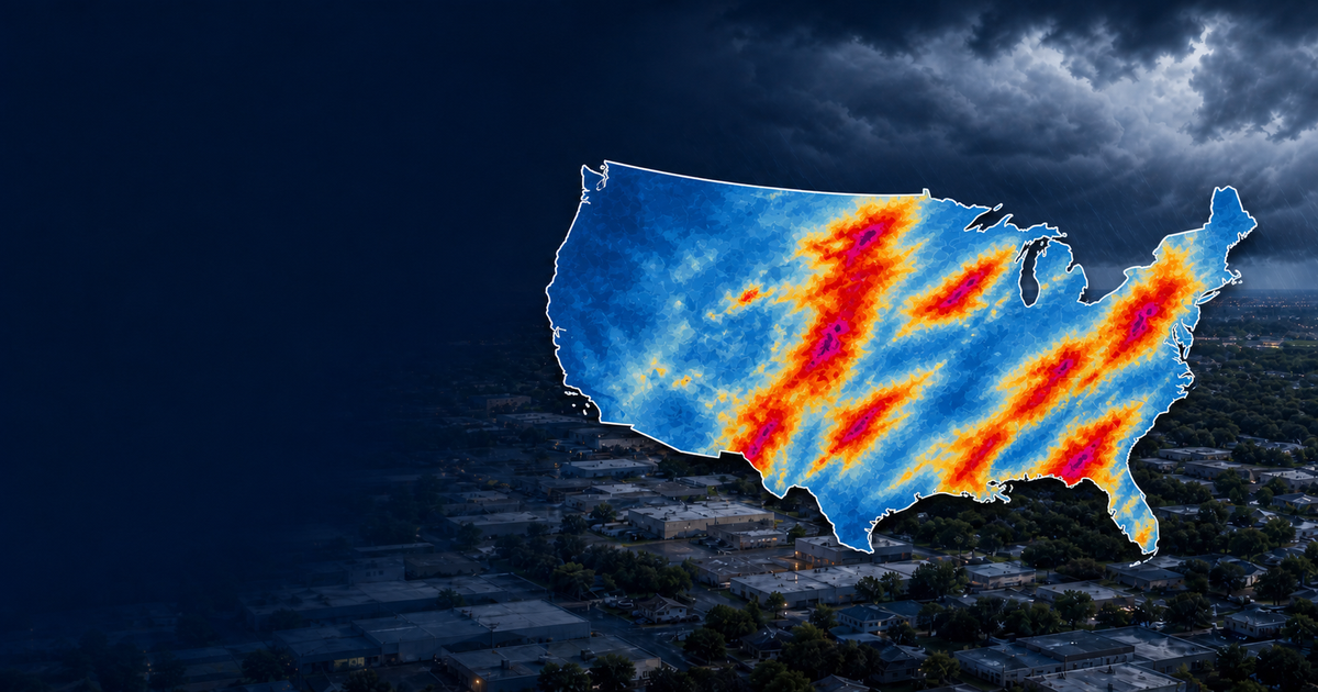 Nationwide United States hail radar graphic above commercial and residential rooftops